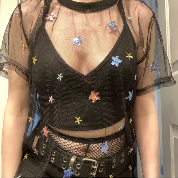 NEW BEAUTIFUL RARE CELESTIAL STAR EMBROIDERY BLACK MESH DRESS - Picture 7 of 15